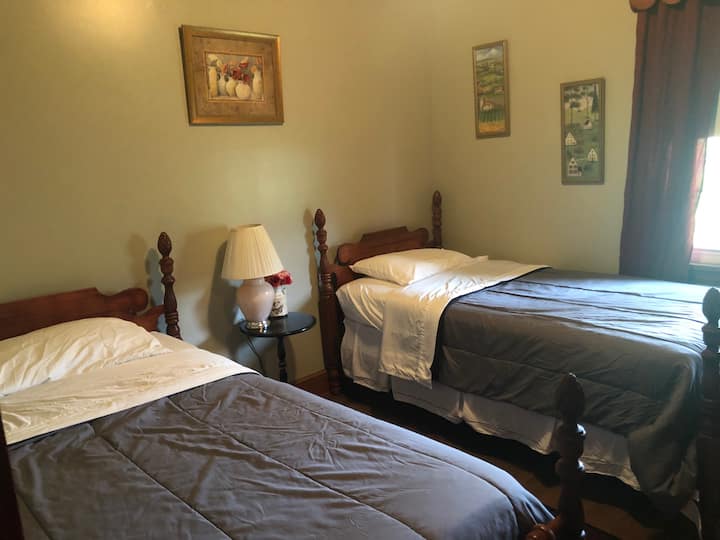 This bedroom features two single beds.