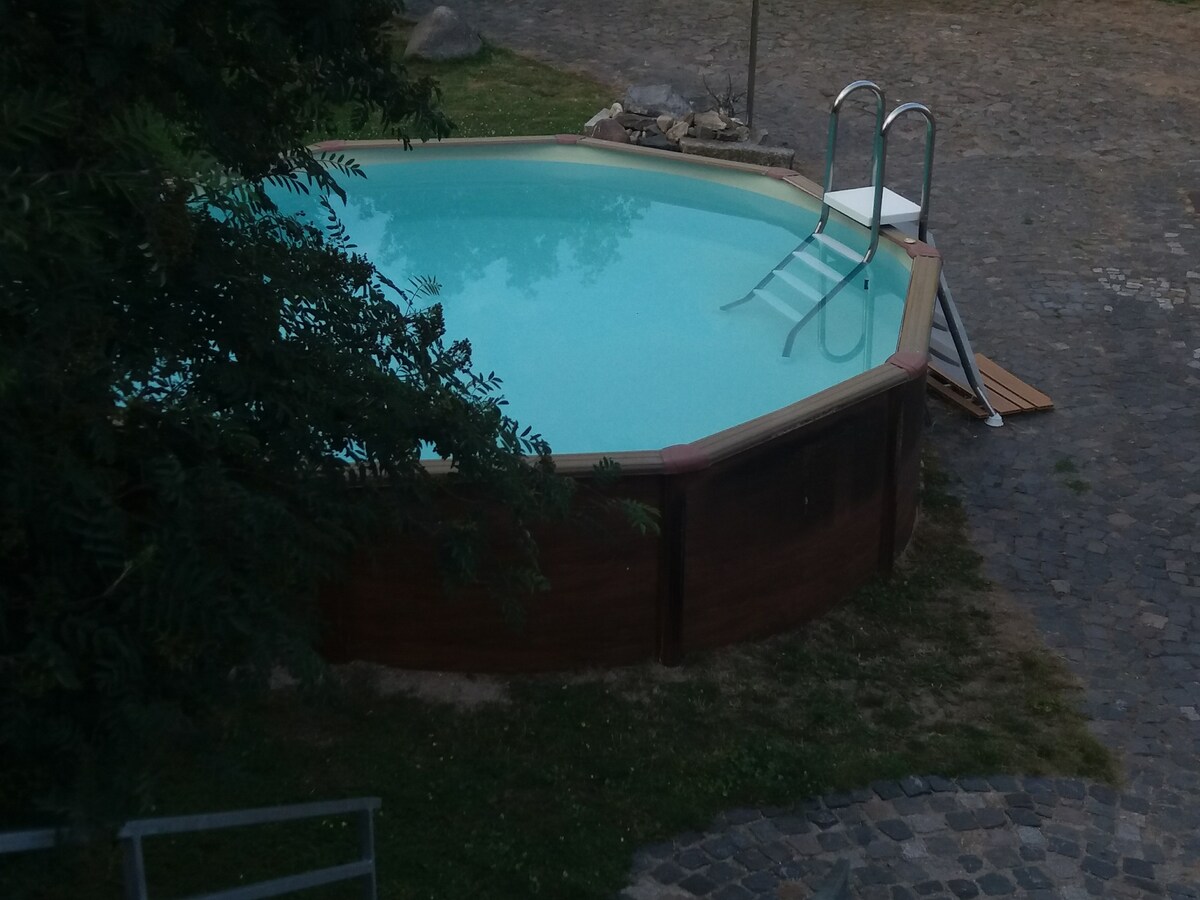 An inviting outdoor pool is set within a wooden frame, featuring a metal ladder for access. The clear turquoise water reflects the surrounding greenery and stone pathway, creating a serene relaxation space. The area around the pool is well-kept, with stones and grassy patches.