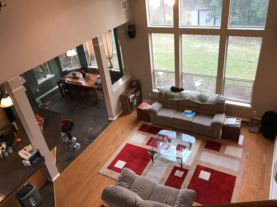 Open plan family room connected to kitchen