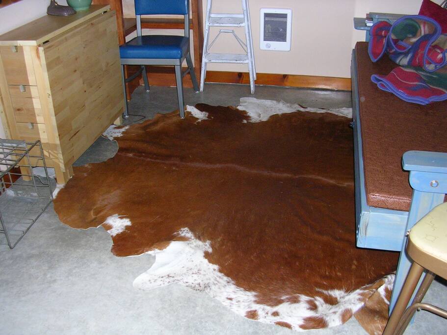 Natural concrete floor with cowhide rug; vintage and new decor.