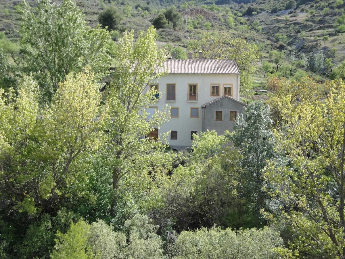 A three-story building is surrounded by lush greenery, featuring several windows that provide views of the natural landscape. The structure displays a mix of light-colored walls, with a terracotta-tiled roof and trees providing a sense of seclusion amidst the hillside terrain.