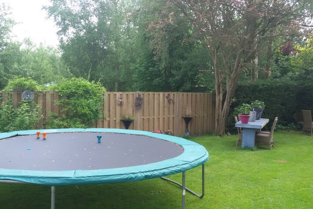 Achter in de tuin een grote trampoline en schommels