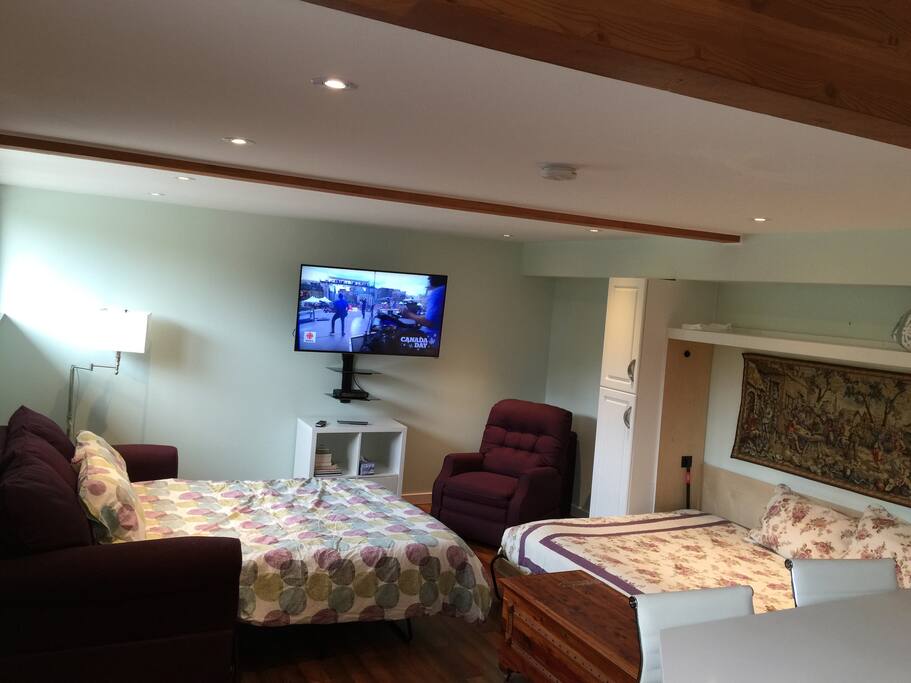 Foldown Murphy bed on right fold out sofabed on left, Island in foreground