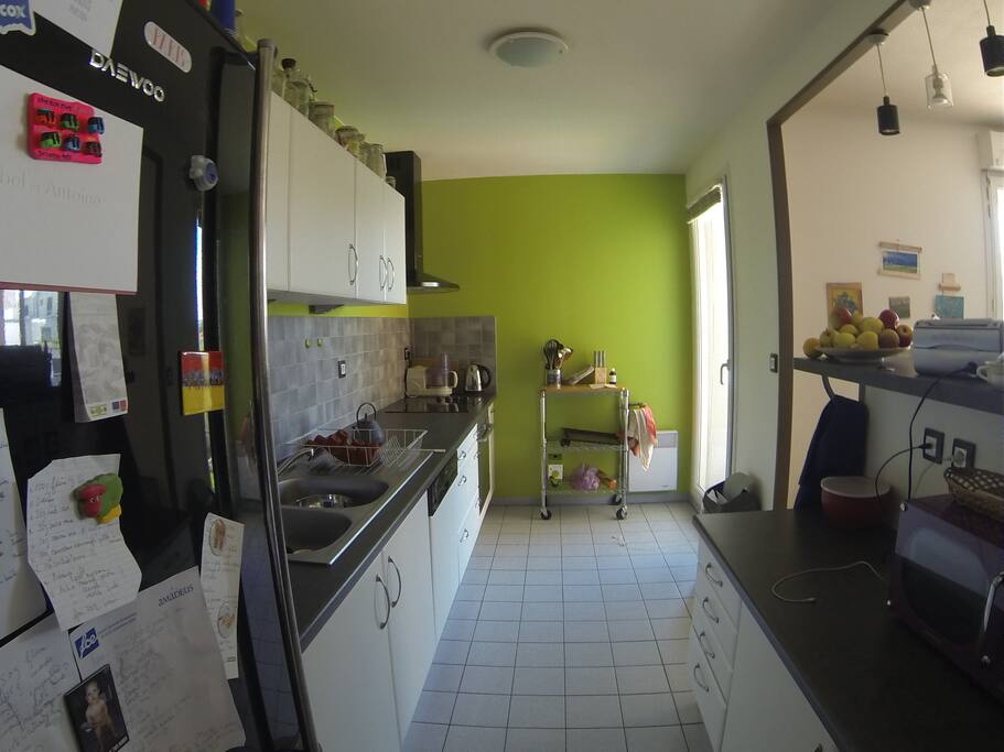Cuisine ouverte sur le salon, avec hotte