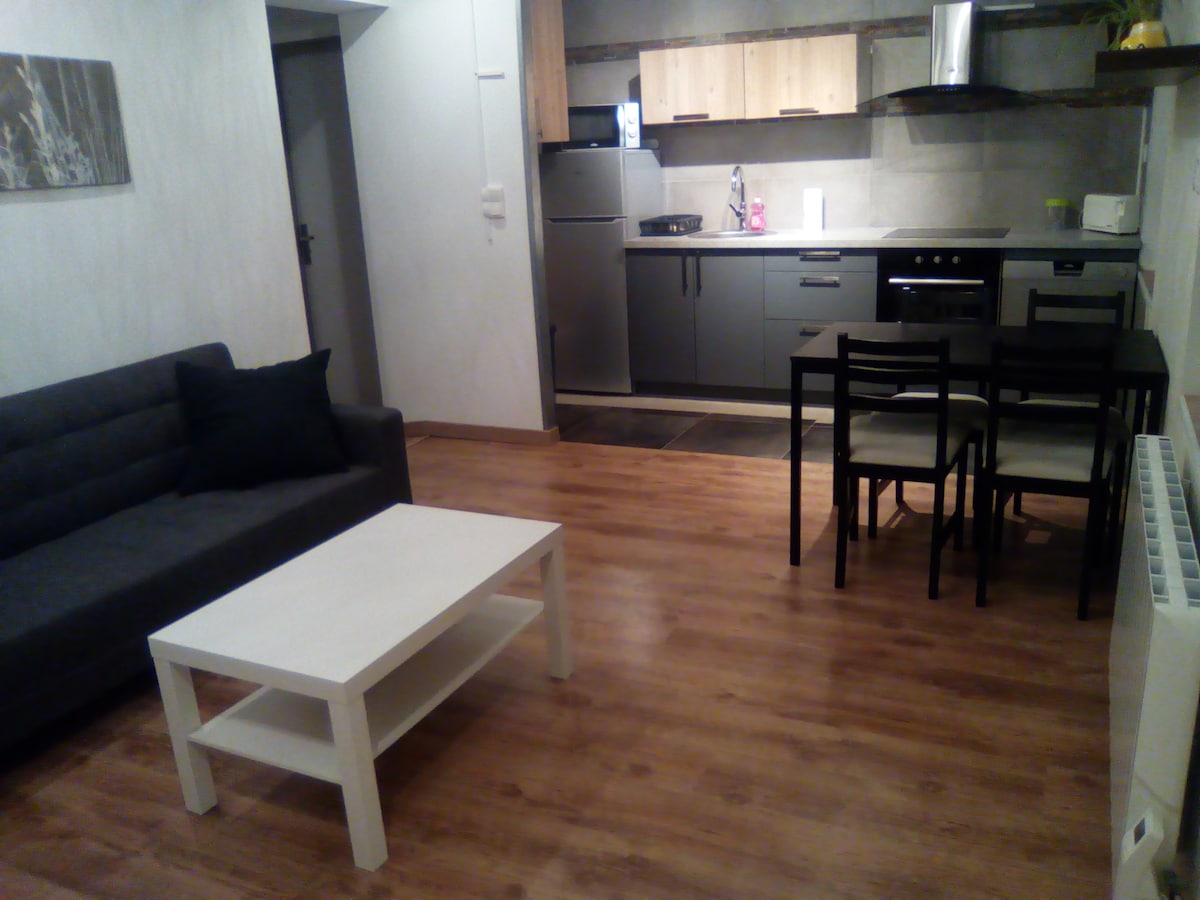 A modern living space features a gray sofa with a decorative black pillow facing a white coffee table. A dining area with a black table and four chairs is present, along with a sleek kitchen equipped with contemporary appliances. Warm wooden flooring complements the overall design.