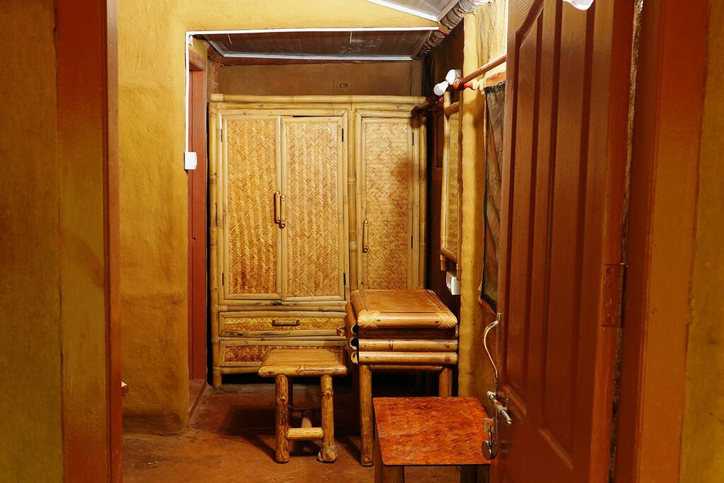 The handcrafted bamboo interiors add a rustic charm