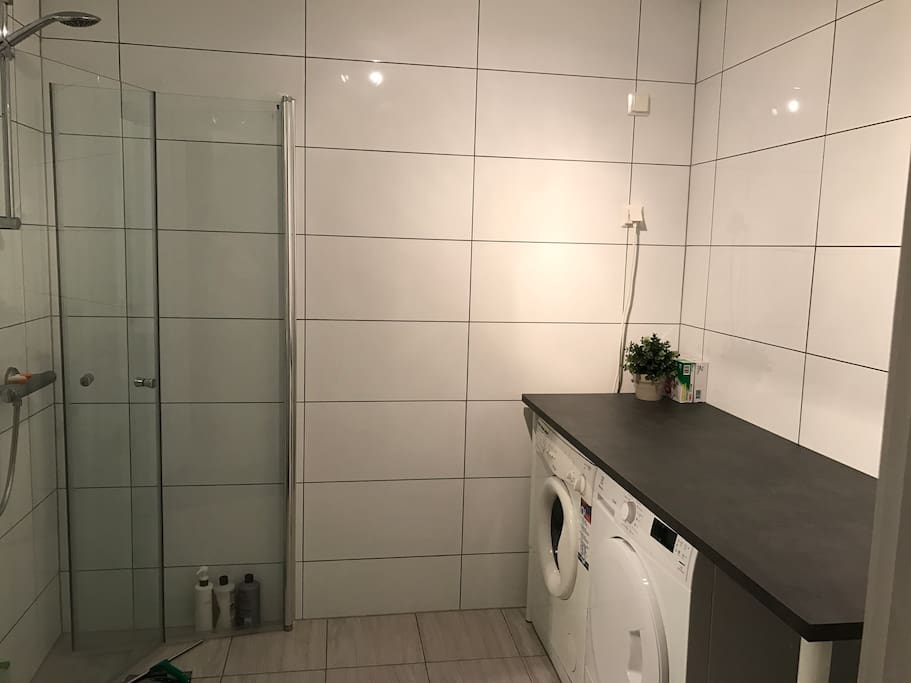 Bathroom with big shower, and also washing machine and dryer.