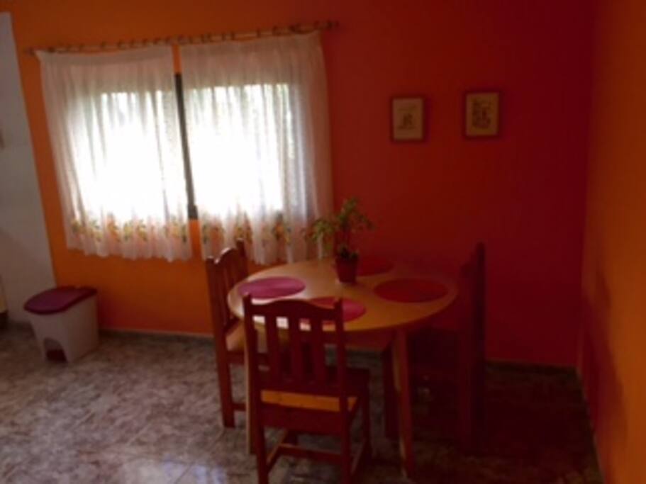 Una cocina con horno microonda, tostadora, calentador de agua, platos, vasos etc..... Vistas a la platanera