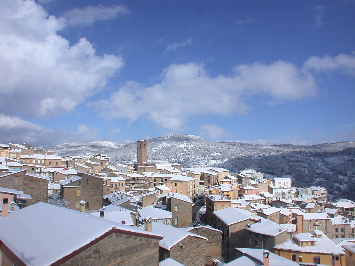 A panoramic view showcases a snow-covered village with stone and pastel-colored buildings. The surrounding mountains are blanketed in white, under a mix of clouds and blue skies. The rooftops are dusted with snow, highlighting the peacefulness of the winter landscape.