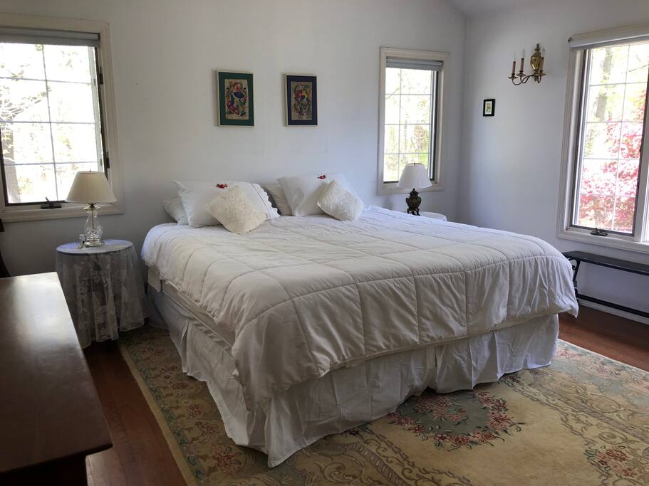 Master bedroom with high ceilings and en suite bathroom