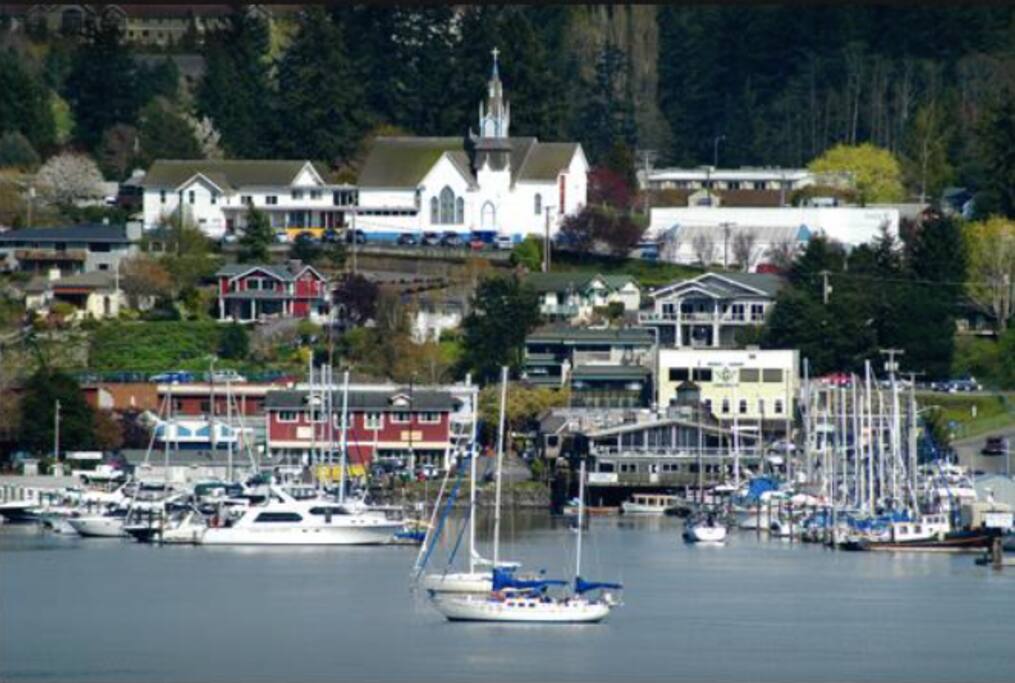 We are located right behind the church (pictured), 2 blocks from the beautiful Liberty bay.