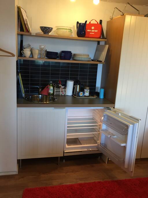 Pentry med kylskåp, vattenkokare och micro.