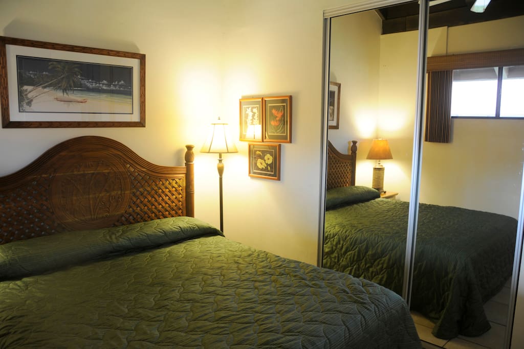 Master bedroom with a king-size bed, mirrored closet doors, & cathedral ceiling.