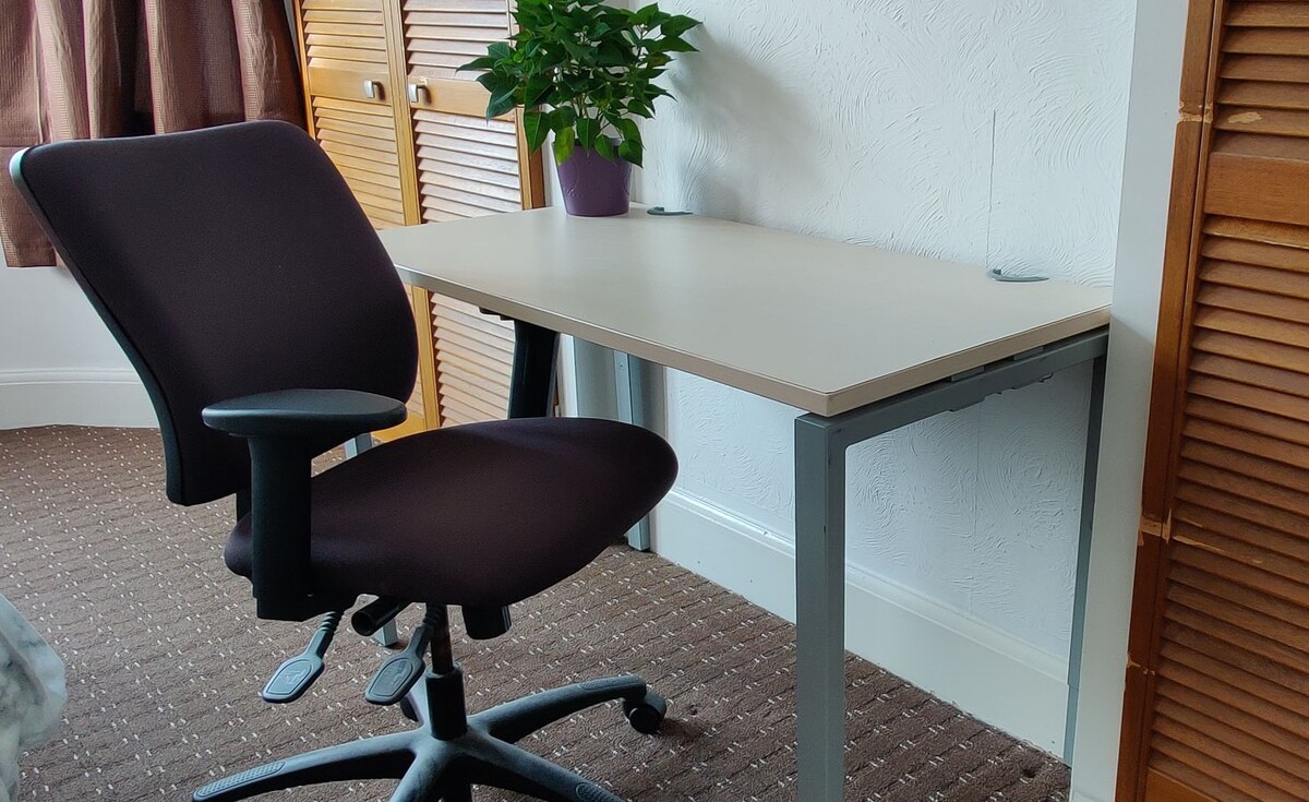 A workspace is presented with a simple, light-colored desk and an ergonomic office chair. A potted plant adds a touch of greenery, while wooden storage doors provide additional space for organization. Natural light comes from a nearby window, partially covered by elegant curtains.