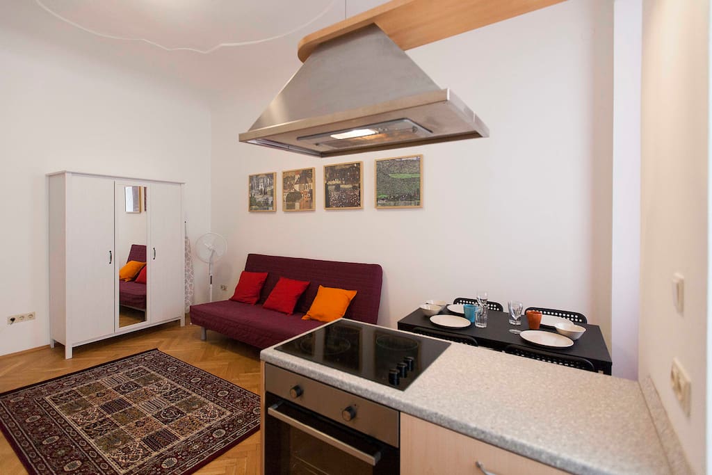 living room in the kitchen and dining area