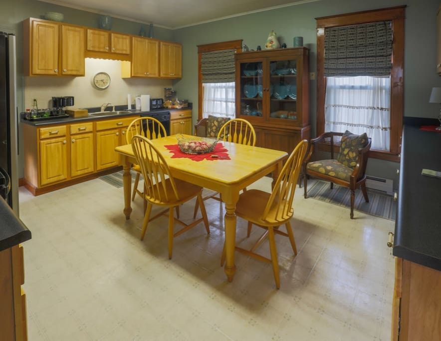 Kitchen is well stocked with dishes, flatware, glasses, bakeware, pots and pans, etc. Everything you need to prepare and serve meals. Plenty of storage, small appliances include toaster, coffee maker, blender, mixer.