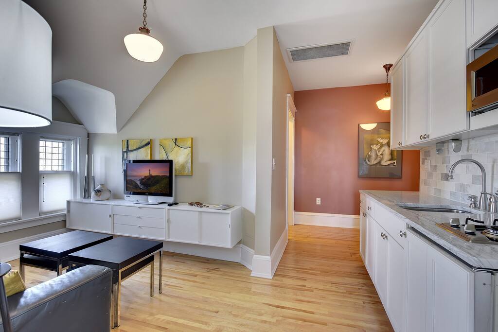 Seating area and kitchenette
