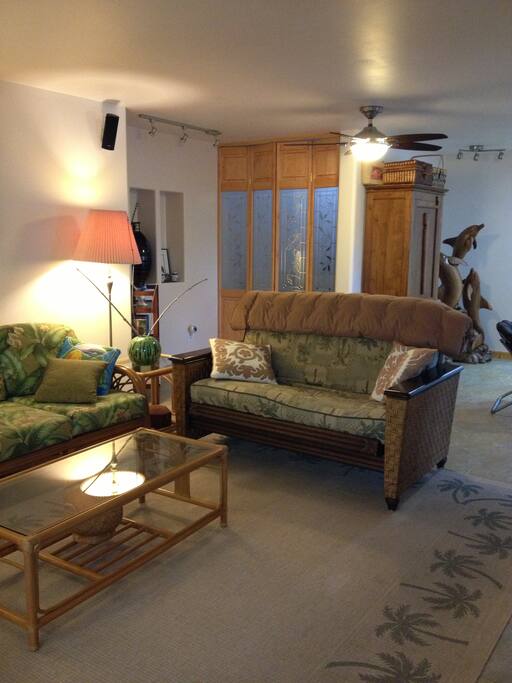 The main living area, complete with big screen TV and over 700 movies to select from.
