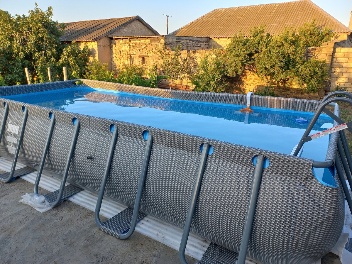 A large, rectangular frame pool is situated outdoors, featuring a filtration system for clean water. The pool's surface reflects the clear sky, surrounded by a sturdy woven exterior. Nearby, various trees line the background, providing a natural setting.