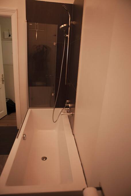 Badewanne mit Duschwand und Regendusche ...