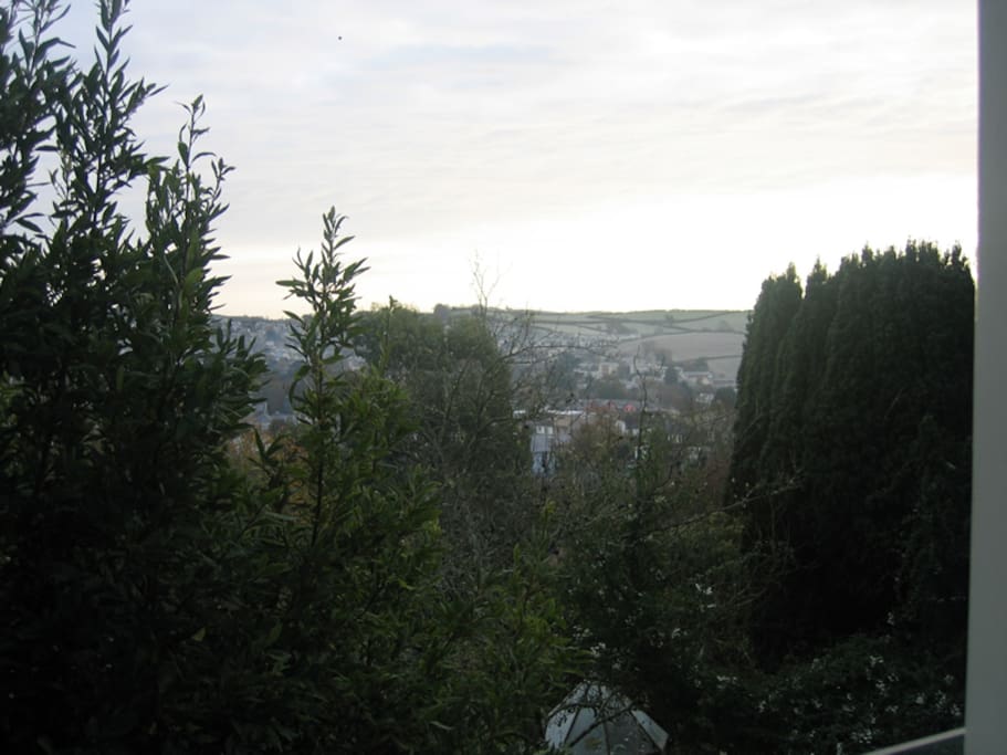Totnes town nestling in the valley below.