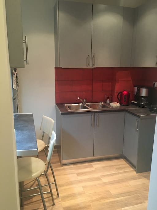 Brand new kitchen with large fridge. No cooker but hob set for cooking.