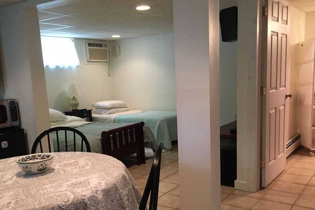 One full button ready prepared into a full bed and one twin bed for up to three guests.