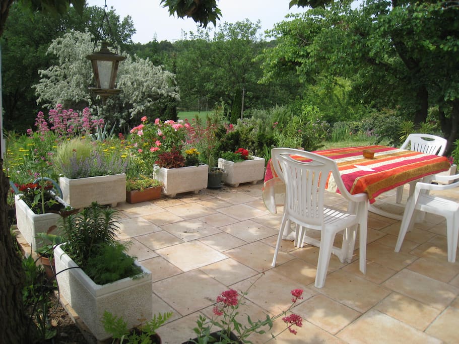 Terrasse sud sous un mûrier avec BBQ