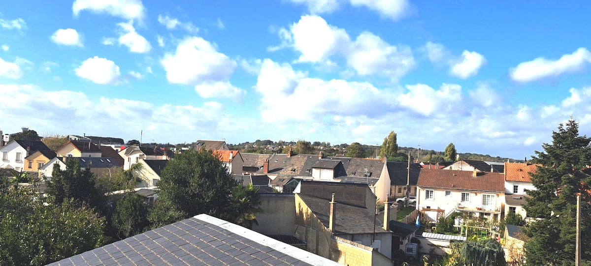 A panoramic view of a suburban landscape is captured, showcasing a mix of rooftops and greenery under a bright blue sky filled with clouds. The scene illustrates a peaceful residential area, highlighting the tranquil environment of the neighborhood.