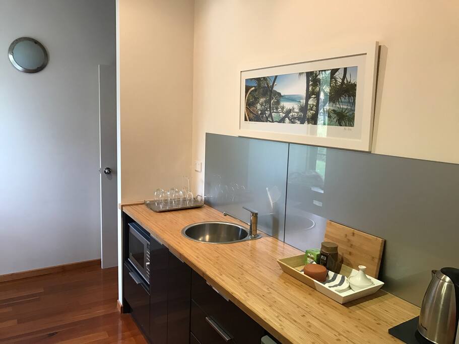 Kitchenette with tea, coffee and breakfast goodies.