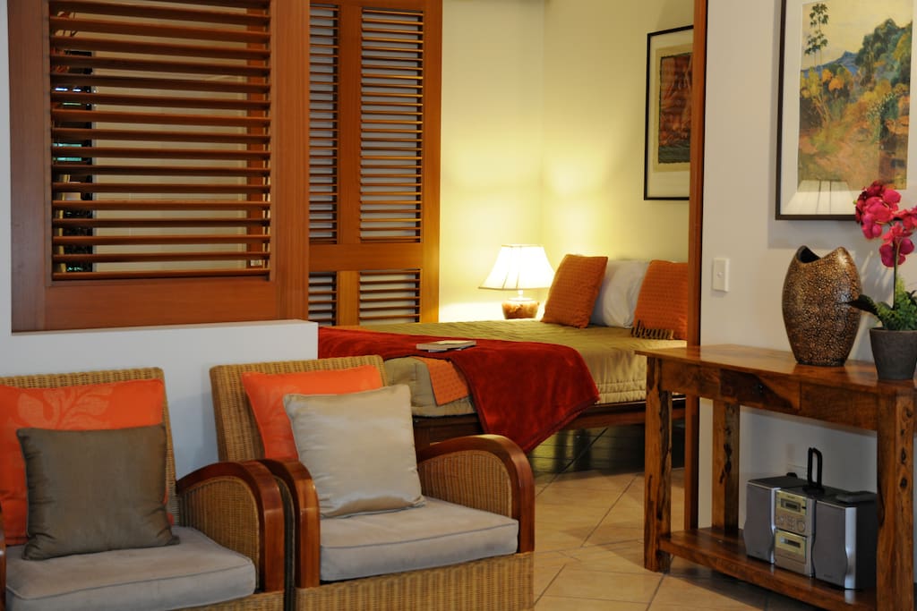 Private bedroom behind sliding cedar doors
