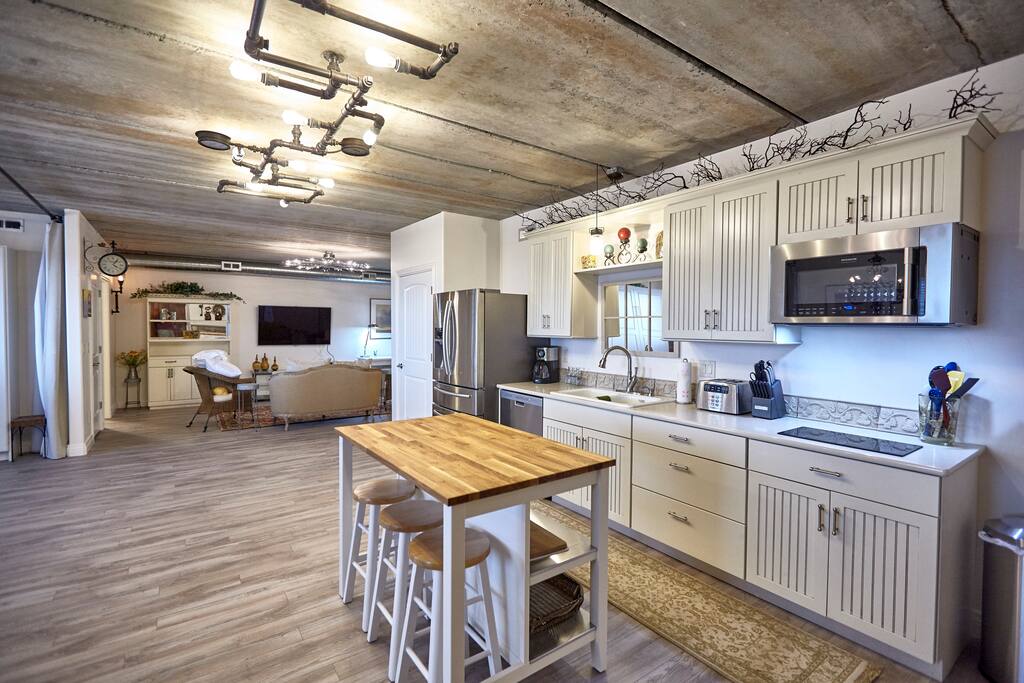 Kitchen Area - Unique Lighting - Living and Bath area behind