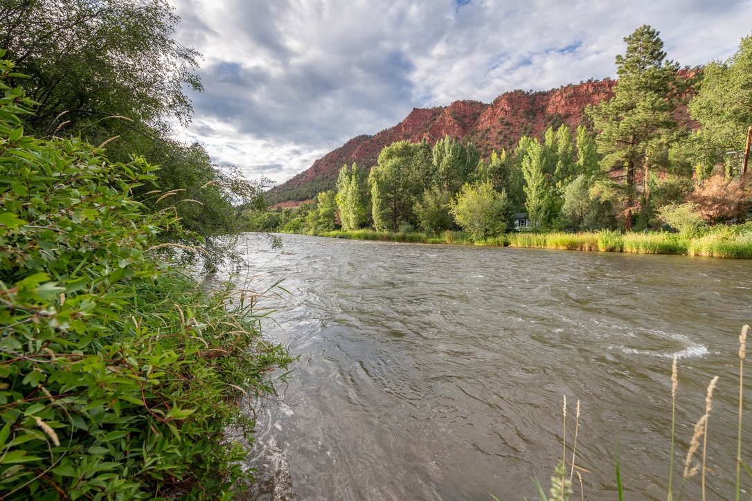 The Roaring Fork River flows gently through lush greenery, framed by vibrant red rock cliffs in the background. The water’s surface reflects the sky, creating a serene natural setting that invites exploration or relaxation. Various plants and trees line the riverbank, enhancing the tranquil landscape.