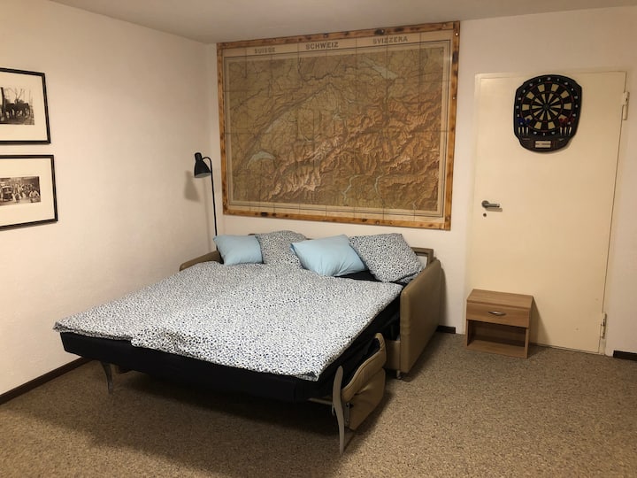 ห้องนอน 2 ห้องใต้ดินพร้อมเตียงโซฟาทีวีพร้อมเน็ตฟลิกซ์โต๊ะปิงปองและกระดานปาเป้าห้องที่ไม่มีหน้าต่าง (ถัดจากห้องถัง)