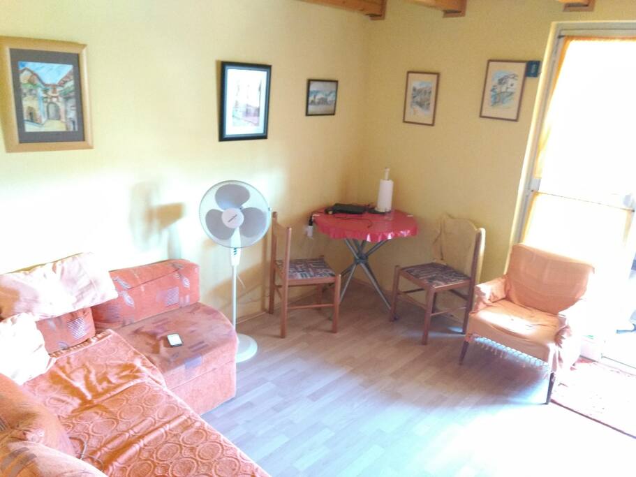 sunny livingroom with convertible sofa + balcony