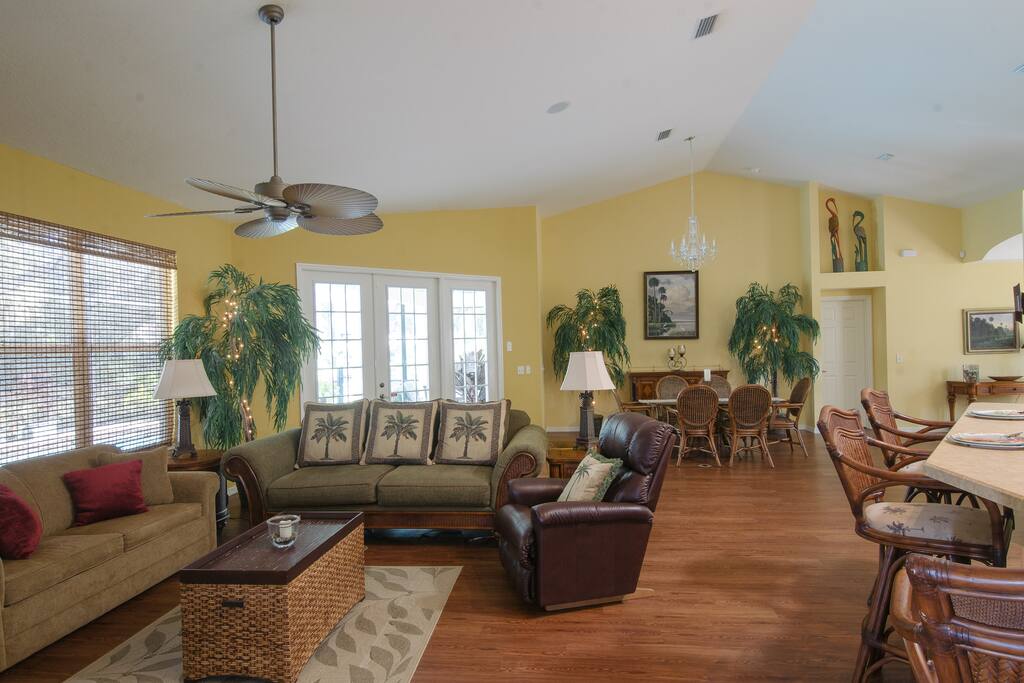 Living room, open to the dining room and kitchen.