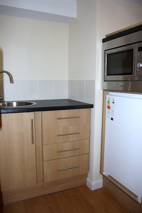 Microwave oven, sink and fridge