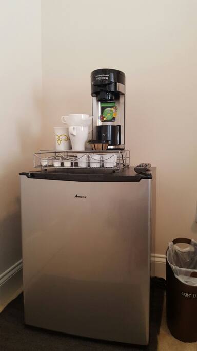 Coffee bar and mini fridge