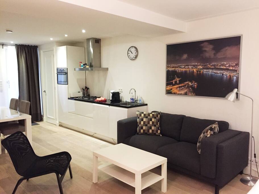 Living area and kitchen.