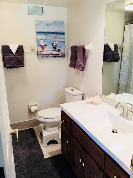 Newly renovated private bathroom stocked with fluffy towels