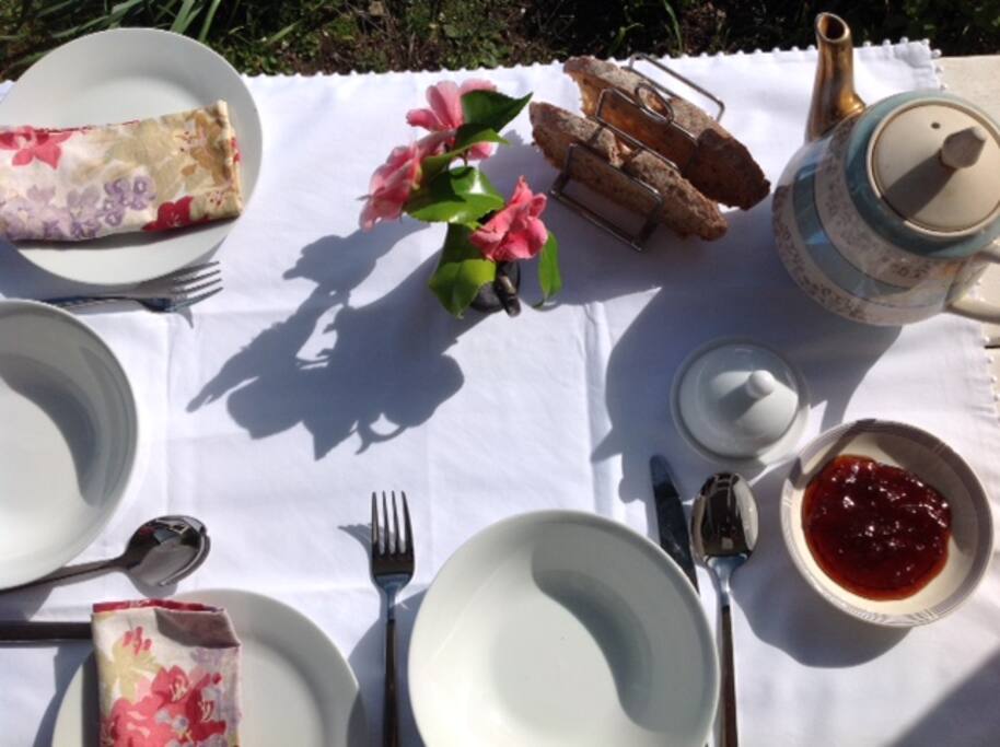 Breakfast outside, overlooking the sea, weather permitting.