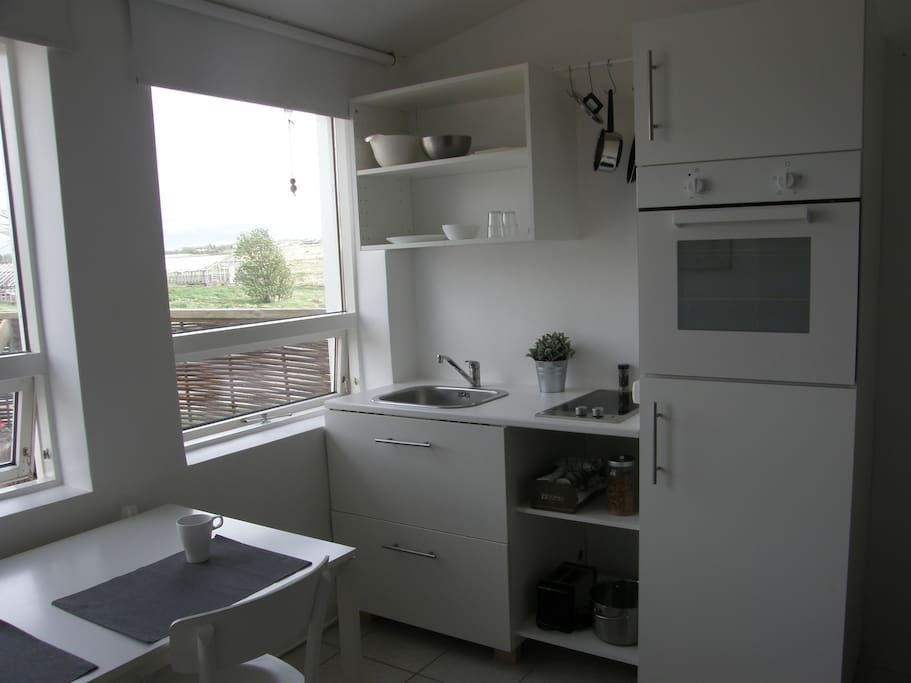Good kitchen with hob oven and refrigerator.