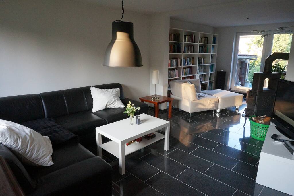 Wohnzimmer mit Sofa TV und Kamin, Blick in den Garten