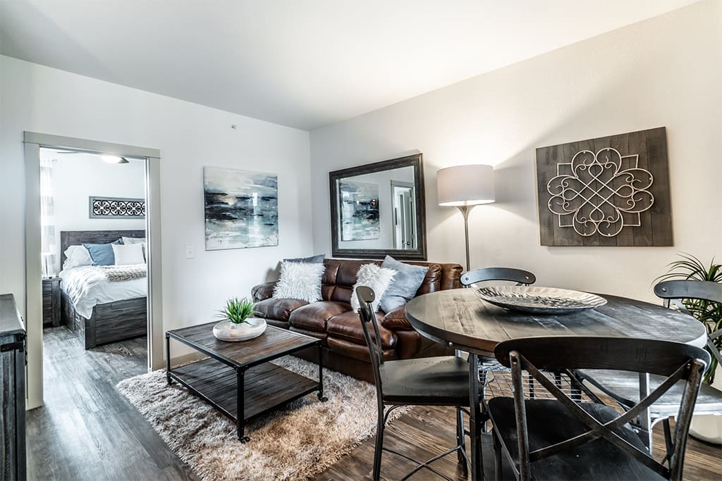 Cozy living room + dining space that includes a 55" 4K Roku (Hulu + Netflix) TV