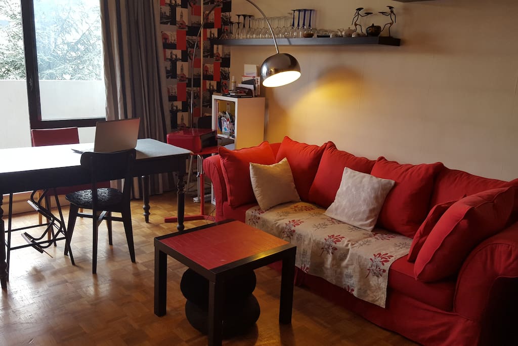 Coin salon/salle à manger, avec une grande table et 4 chaises, ainsi qu'un canapé 3 places.