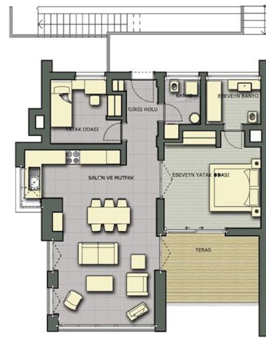 The Interior Plan with 2 bathrooms, 2 rooms, 2 king size beds, a saloon, kitchen and a balcony with a breathtaking view.