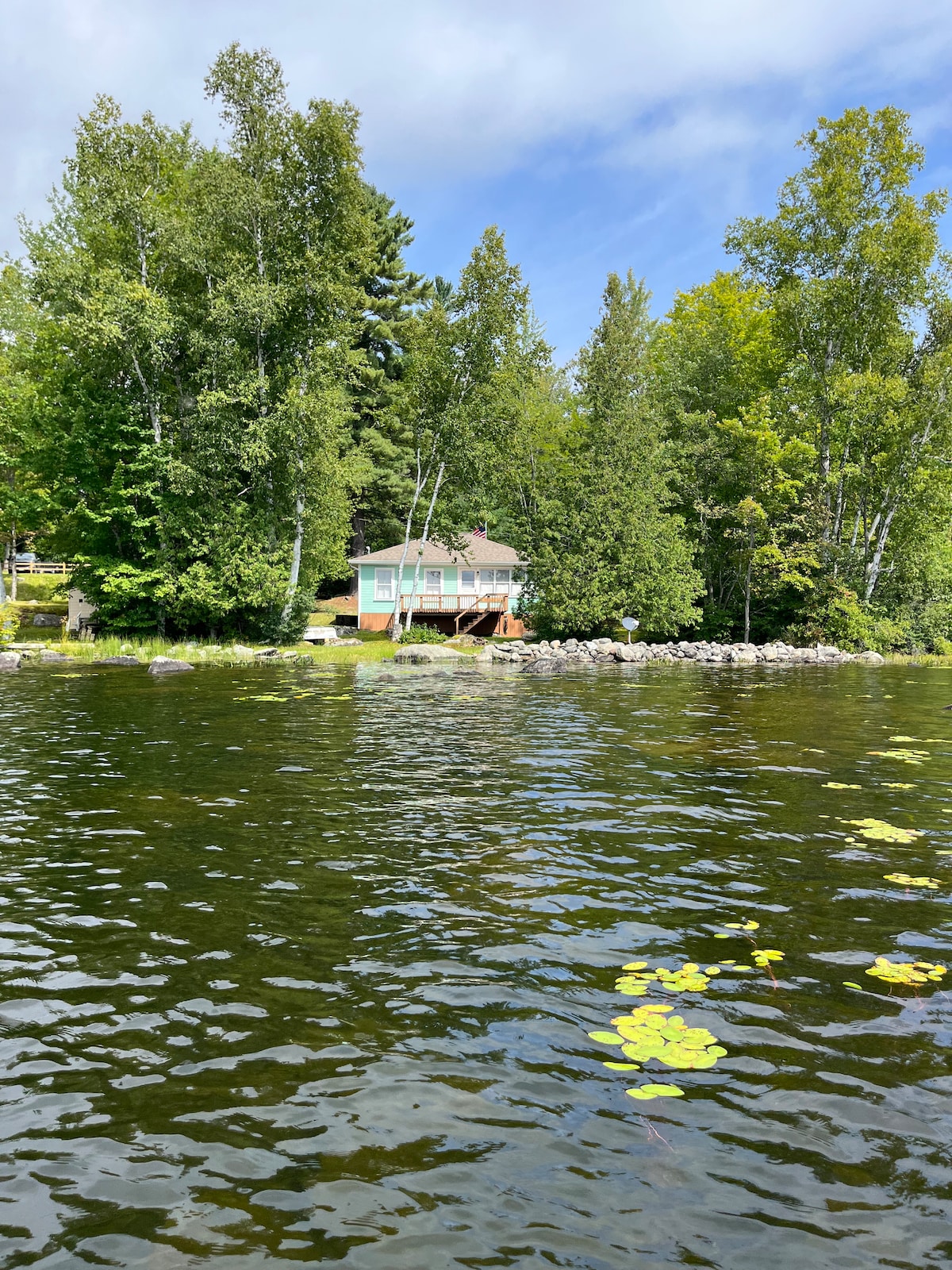 The cottage is visible from the water, surrounded by verdant trees. A wooden deck extends from the structure, complemented by a stone border at the shoreline. Lily pads float on the calm surface, reflecting the blue sky above.