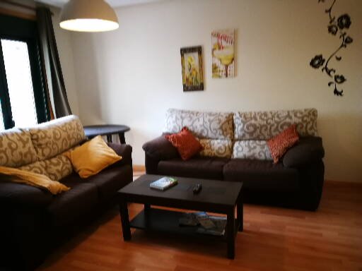 A comfortable living area is presented with two sofas, one a dark shade, each adorned with decorative pillows. A low coffee table sits in front, accompanied by a remote control and a magazine. Soft light is provided by a hanging lamp above.
