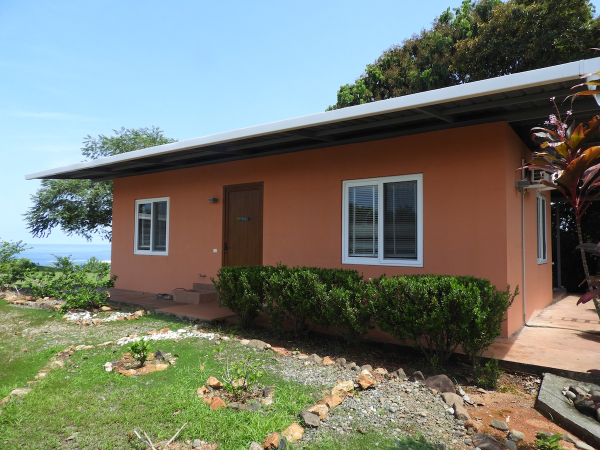 A single-story guesthouse is shown surrounded by well-maintained greenery. A wooden door is centered on the facade, flanked by two windows. The vibrant exterior complements the natural landscape, enhancing the connection to the outdoors and providing views of the nearby sea.