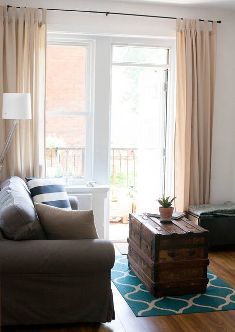 Bright living room with double sofa bed